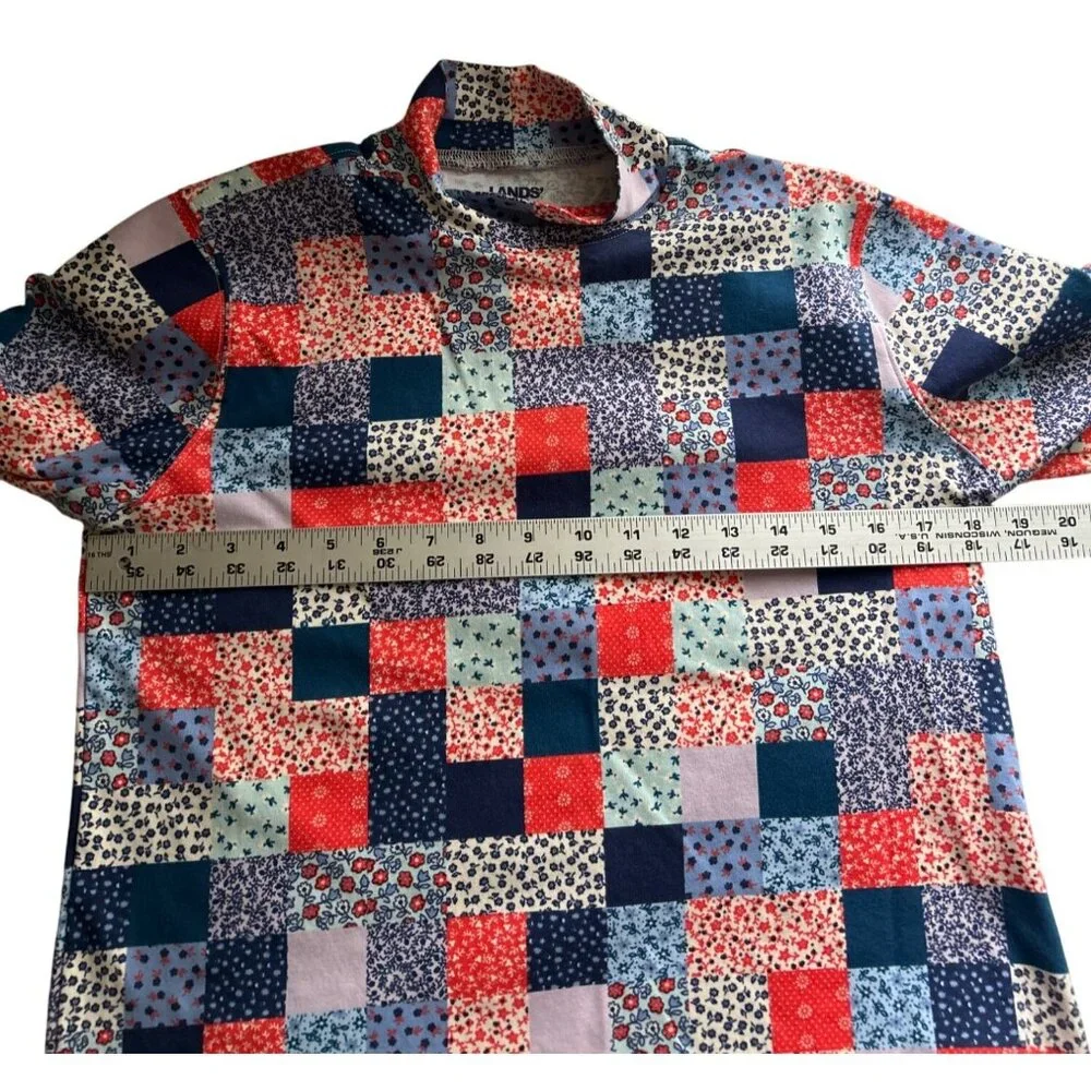 Lands End Womens Patchwork Print Mock Neck 100% Cotton Top Size Small